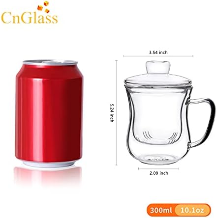 CNGLASS Glass Tea Cup with Removable Infuser and Lid,10oz Thickened Glass Infuser Mug,Borosilicate Glass Mug for Loose Leaf Tea,Teabags