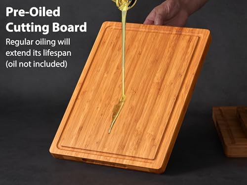 Allsum Carbonized Bamboo Wood Cutting Boards for Kitchen, 1” Thick Wooden Butcher with Juice Grooves and Handles, Cute Cheese Charcuterie Boards as a Gift for Chef, Family, 3 Pack