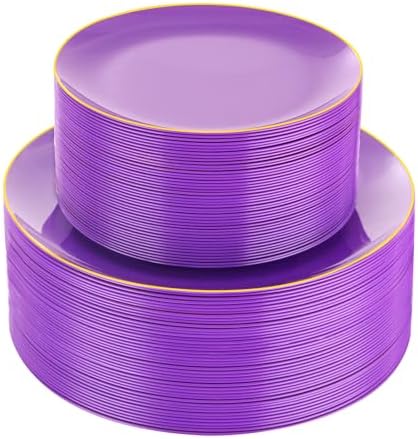 PULOTE 100PCS Purple Plastic Plates - Purple and Gold Disposable Include 50 Each (10.25 Inch Dinner & 7.5 Inch Dessert) Plates, Ideal for Party