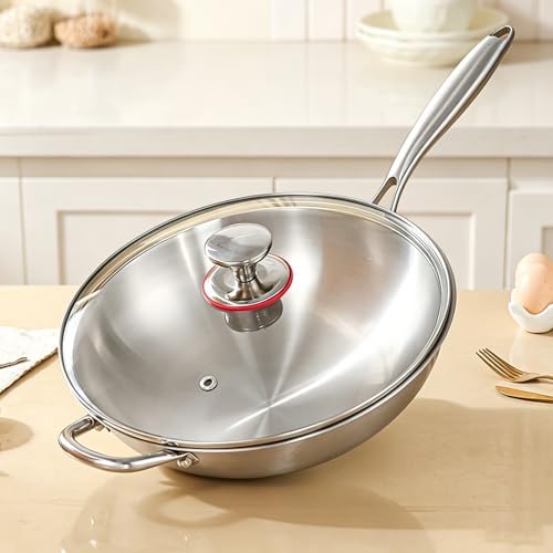 Stainless Steel 316 Wok Pan with Lid, Tri-Ply Stir Fry Pan with Detachable Handle, Works on All Stovetops, Oven & Dishwasher Safe (14 inch)