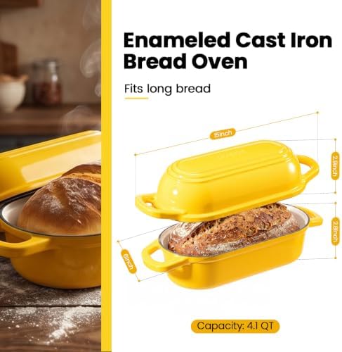 Oval Dutch Oven for Bread Baking,Enameled Cast Iron Bread Pan(4.1QT,Yellow)