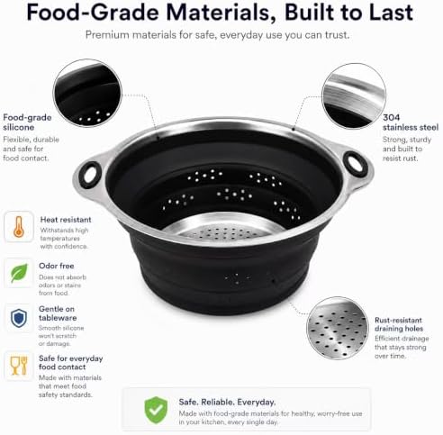 Mejoncb Collapsible Colander – Platinum Silicone Strainer with Stainless Steel Base, BPA-Free & Heat Resistant Kitchen Drain Basket (Black)