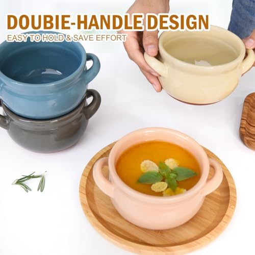 Vumdua Soup Bowls with Handles, 16 Oz Ceramic French Onion Soup Bowls - Stackable Oven Safe Bowls Serving Crocks for Soup, Cereal, Chilli, Pot Pies, Set of 4, White (Multicolor, 16 oz)