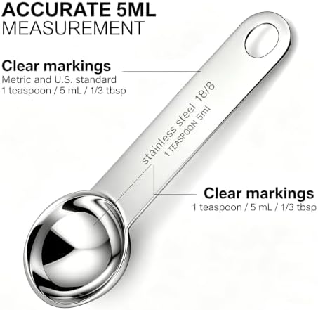 4-Piece 18/8 Stainless Steel Measuring Spoons – 1 Teaspoon, 1/3 Tablespoon, 5 mL – Durable Metal Spoons for Kitchen, Baking, Coffee, Tea