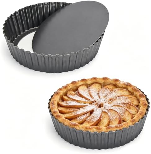 2 Pack 9.4 × 2 Inches Nonstick Tart Pan with removable bottom, Quiche Pans for Baking, Carbon Steel Deep-dish Pie Pan with Removable Loose Bottom