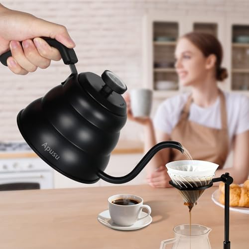 Tea Kettle For Stovetop,Pour Over Tea Coffee Kettle,Thermometer,Black,28oz