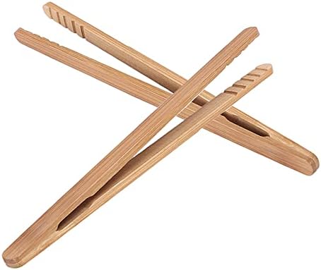 Bamboo Toast Tongs, 7 Inches Mini Wood Cooking Tong with Anti-slip Design Great for Serving Food/Toaster/Bread & Pickles/Sugar/Barbecue,Small Kitchen Tongs Multi-use for Salad, Grilling, Frying (2)