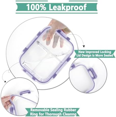 8 Pack 36oz Borosilicate Glass Meal Prep Containers 3 Compartment with Lids