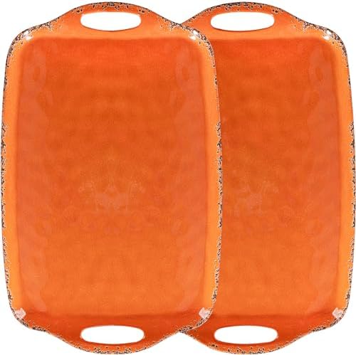 Melamine Serving Tray with Handles, 19“ x 12" Vintage Rustic Large Rectangular Melamine Serving Platter for Serving Food, Breakfast Tray, Set of 2, Dishwasher Safe, Orange