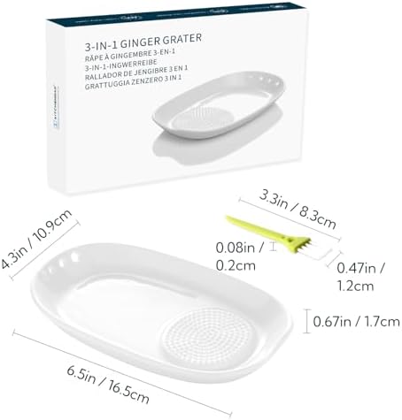 KITCHENDAO 3 in 1 Porcelain Ginger Grater Tool Spoon Rest Herb Stripper, 6.5 x 4.3 inches for Kitchen, Japanese Ceramic Garlic Grinding Wasabi Grater Plate Dish for Daikon Radish & Parmesan Cheese