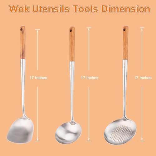 FJNATINH Wok Spatula and Ladle,Skimmer Ladle Tool Set, 17inches Spatula for Wok, 304 Stainless Steel Cooking Utensils