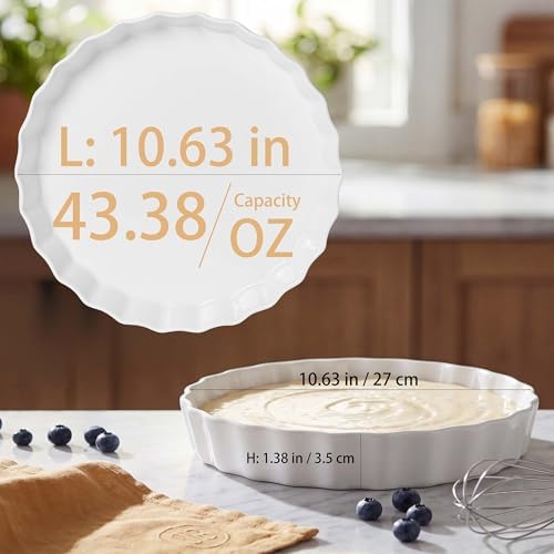 Quiche Baking Dish, Ceramic Quiche Pan, 10 inch Large Round Tart Pan Set of 2, Porcelain Pie Pan Oven Safe, Wave White Baking Dishes for Dessert, Cheesecake, Souffles, Dishwasher Safe, 43 Oz