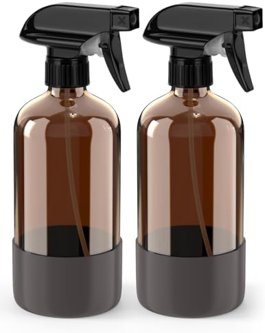 Bontip Glass Spray Bottle with Silicone Sleeve Protection, Amber Glass Spray Bottle Set for Window Cleaner Aromatherapy Facial Hydration Watering Flowers Hair Care 2 Pack/16 oz (Grey, 16 oz)
