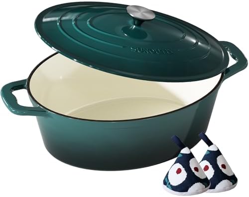 Enameled Cast Iron Dutch Oven - 9.3QT Dutch Oven Pot with Lid & Cotton Potholders - Heavy-Duty Non Stick Casserole Pot for Braising, Stews, Roasting, Baking, Suitable for All Stovetops, Bottle Green
