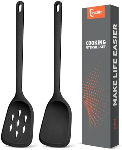 Silicone Spatula Set of 2 Pack, Heat Resistant Solid&Slotted Turner (BLACK)