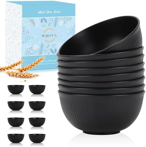 Wrova Wheat Straw Bowls Set of 8, Black Plastic Bowls Reusable 26 OZ