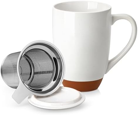 MALACASA Ceramic 18 oz Tea Mug with Lid and Infuser, Khaki White
