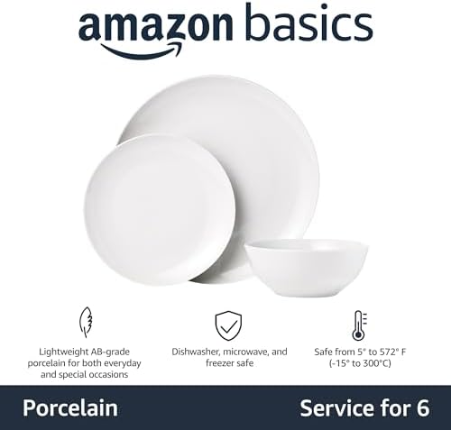 Amazon Basics 18-Piece Complete Kitchen Dinnerware Set, Microwave and Dishwasher Safe, Plates, Dishes, Bowls for Everyday Use, Service for 6, White Porcelain Coupe