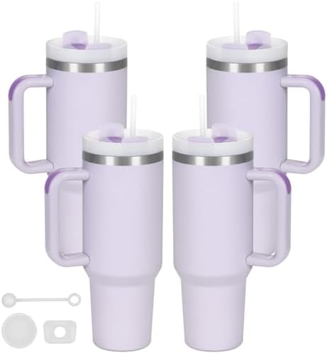 4 Pack 40 Oz Tumbler with Handle Bulk, Double Wall Vacuum Insulated Stainless Steel Tumbler with Lid and Straw, 40 oz cup with Silicone Spill Proof Stopper Set (Purple)