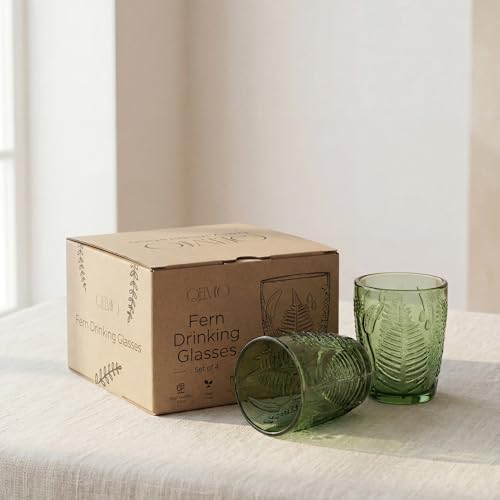 Green Drinking Glasses Set of 4, 10 oz Glass Cups, Vintage Fern Glassware