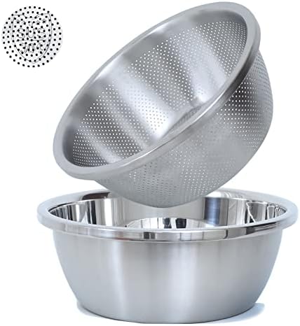 Paoli 304 Stainless Steel Fine Mesh Colander Set, 4.5QT Large Capacity Strainer with Mixing Bowl — Rinse Fruits, Veggies, Rice & Drain Pasta, Dishwasher Safe (2-Piece)