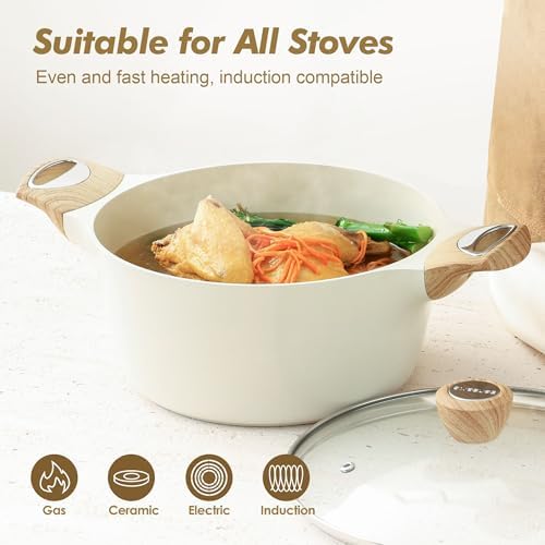 SENSARTE Ceramic Nonstick Stock Pot with Lid, 2.6/4.5/6.6/8.5/11 QT Soup Pot Casserole Pot, Non-toxic Healthy Pasta Pot, Large Cooking Pot Stew Pot, Induction Compatible, PFOA PFAS PTFE Free, White