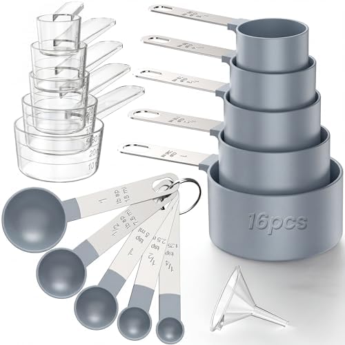 16PCS Measuring Cups and Spoons Set, Measuring Spoon Set with Metric and US Measurements, Fits for Measuring Dry and Liquid (Grey)