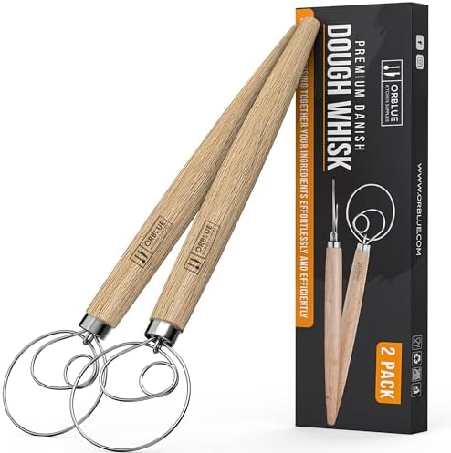 ORBLUE Premium Danish Dough Whisk - Dutch Whisk with Stainless Steel Ring - Danish Whisk for Bread, Pastry or Pizza Dough, 13-inch 2-PACK