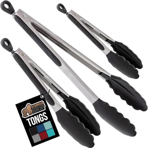 GORILLA GRIP Stainless Steel Kitchen Tongs for Cooking, 2 PK, Black