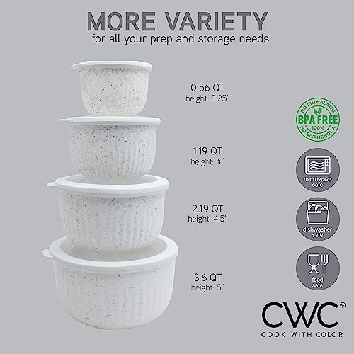 COOK WITH COLOR Prep Bowls with Lids- Wide and Deep Nesting Plastic Small Mixing Bowl Set with Lids, 8 Piece Set - Deep Bowls, Speckled White