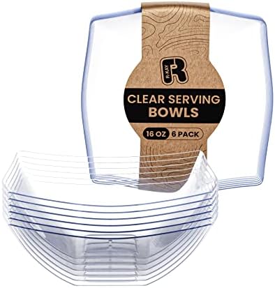 R-kay 6 Pack Square Plastic Serving Bowls - Clear Plastic bowls 16 Oz - Disposable Serving Bowls Heavy Duty For Weddings Catering And Birthday parties