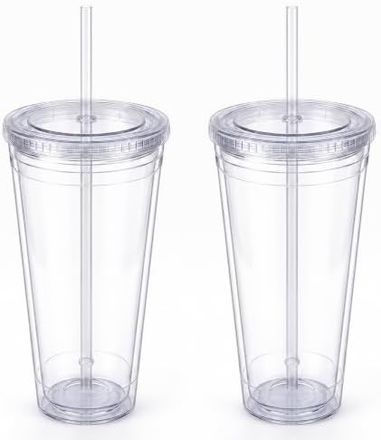 Zukro Clear Double Wall Plastic Tumbler with Lid and Straw 32 oz, 2 Pack