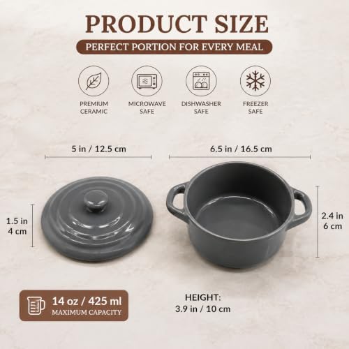 Mini Dutch Oven Set of 4, 14 oz Ceramic Mini Dutch Ovens with Lids and Handles, Ramekins with Lids for French Onion Soup, Pot Pies, Soufflés and Baked Desserts, Oven Microwave Dishwasher Safe, Mini Cocotte, Grey