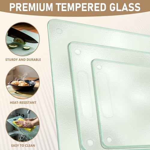 3 Pack Glass Cutting Boards for Kitchen Counter, Clear Tempered Glass Cutting Board Set with Handle (16"x12" & 12"x8" & 9"x6"), Scratch Resistant, Dishwasher Safe, Non-toxic, Easy to Clean