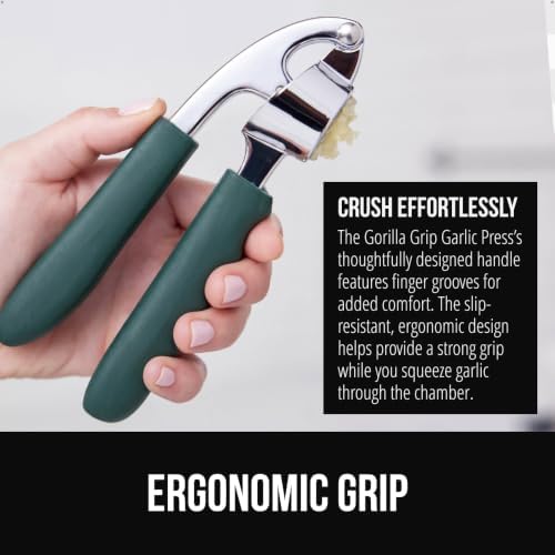 GORILLA GRIP Garlic Press and Peeler Set, Heavy Duty Mincer, Hunter Green