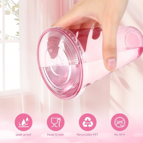 tchrules 100 Set 18oz Pink Plastic Disposable Cups with Lids and Straws