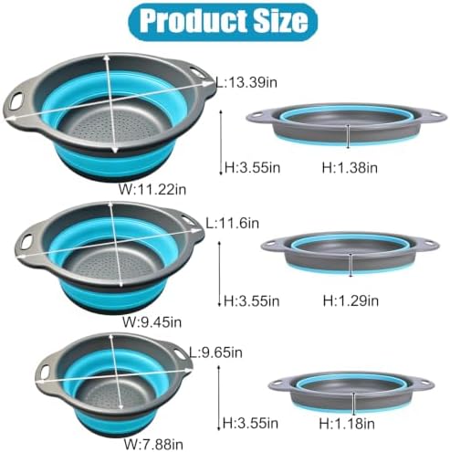Collapsible Colanders Food Strainers, 3-Pack Foldable Kitchen Strainers with Over-Sink Water Draining Tray, Space Saving Kitchen Drainer for Vegetables, Fruit, Pasta and Rice (Blue-Gray)