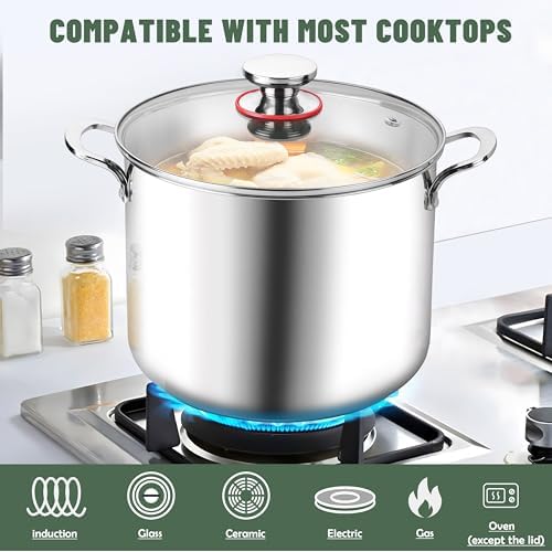 Herogo 12 Quart 18/10 Stainless Steel Stock Pot with Lid, Large Heavy Duty Soup Pot Compatible with Electric, Gas, Induction and Gas Cooktops, Dishwasher Safe