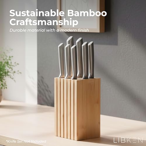 Libken Bamboo Knife Block – Minimal Scandinavian Design, Universal Knife Holder with 6 Slots for Up to 18 Knives – Fits Paring, Chef, Steak, Butcher Knives & Scissors, Countertop Knife Block