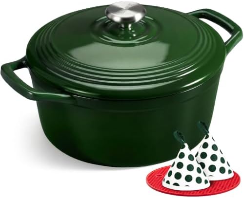 Overmont Enameled Cast Iron Dutch Oven - 5.5QT Pot with Lid Cookbook & Cotton Potholders - Heavy-Duty Cookware for Braising, Stews, Roasting, Bread Baking Bamboo Shadow