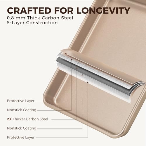 HONGBAKE 2 Pack 11 x 9 Inch Toaster Oven Pans and Trays, Small Baking Sheet Set for Cooking, Non-Stick Cookie Sheets, Heavy-Duty 0.8mm Thick, Easy to Clean, 1.26 Inch Deep, Gold