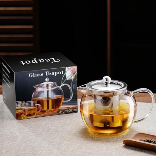 PARACITY Tea Pot with Infuser, 34 oz Stovetop Glass Tea Kettle, Round Body