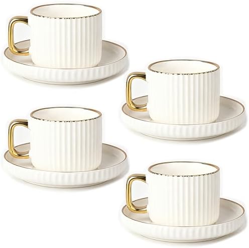 Ceramic Tea Cups Coffee Cup and Saucers Set of 4 (White)