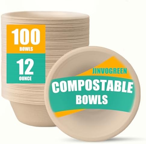 JINVOGREEN 100 Count 12 oz Paper Bowls Disposable Compostable Bowl, Natural