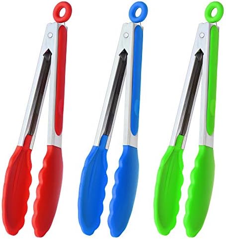 HINMAY 9" Kitchen Tongs with Silicone tips, Set of 3 (Red Blue Green)