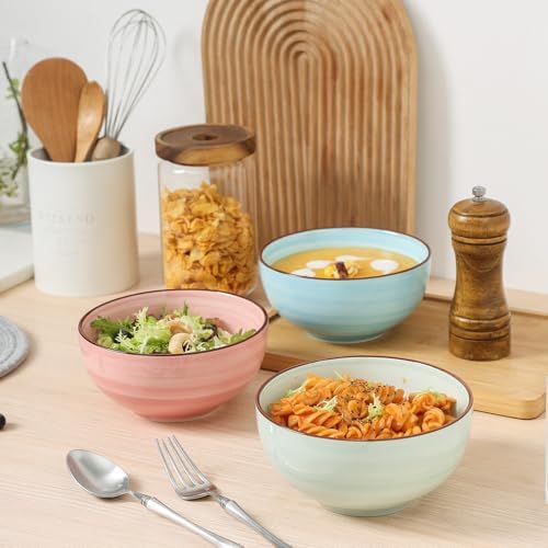 KitchenTour 24 OZ Cereal Bowls Set of 6, Ceramic Soup Bowls for Kitchen, 5.9 Inch Colorful Serving Bowls for Oatmeal, Salad, Pasta, Dessert - Microwave & Dishwasher Safe, Assorted Warm Colors