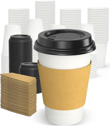 Dealusy 100 Pack 12 oz Disposable Coffee Cups with Sip Lids and Sleeves
