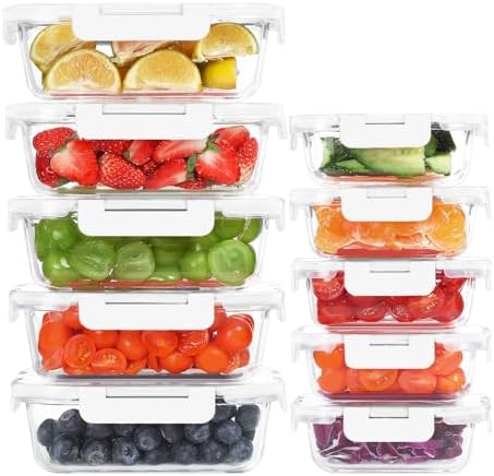 KOMUEE 10 Pack Glass Food Storage Containers with Lids, White