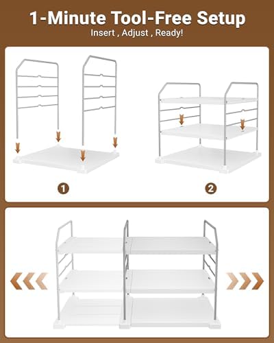 EVERIE Extendable 3-Tier Kitchen Cabinet & Pantry Organizer for Plastic Wrap, Foil & Storage Bags, Adjustable Heavy Duty Shelf Rack for Wrap Boxes, Jars & Snack Boxes (11–16.7 in Wide), Pack of 2