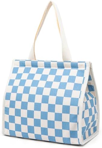 Insulated Lunch Bag for Work, 10.2"x5.9"x10.2" Oxford Waterproof Lunch Tote, Thermal Lunch Box for Office, Picnic & Outdoor, Striped Canvas Tote Bag -Check Blue